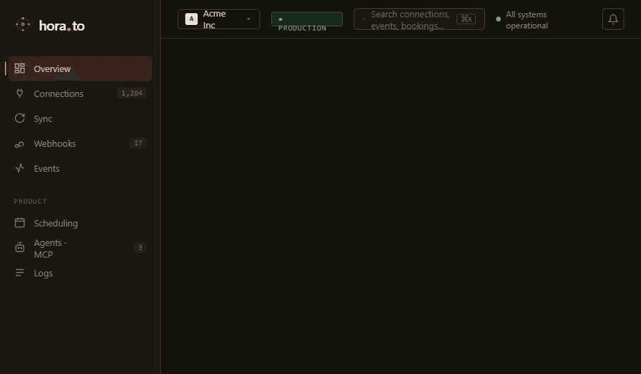 Horato dashboard overview showing active connections, sync lag, webhook delivery, and event stream panels.